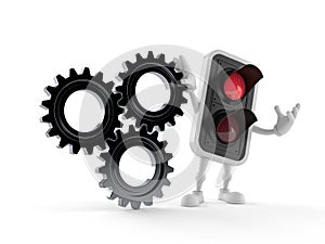 Red traffic light character with gear wheels
