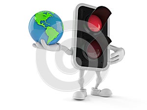 Red traffic light character holding world globe