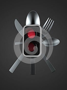 Red traffic light with cutlery