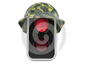 Red traffic light with military helmet