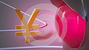 Red traffic light prohibits the movement of the gilded yen symbol. Close-up. Finance concept. photo
