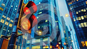 Red traffic light on the street of a modern city at twilight