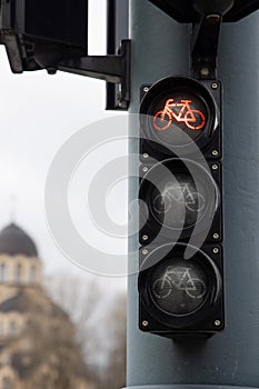 Red traffic lights for bicycles in the city. Green light for sports concept.