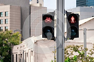 Red traffic lights for pedestrian and bicycles close up