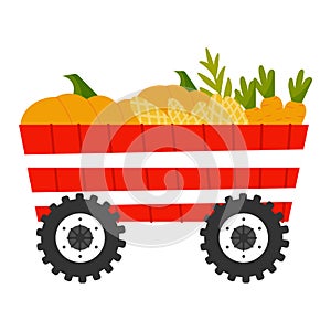 Red trailer with vegetables in cartoon style isolated on white background, farm transport, rural lifestile concept