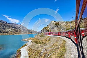 Red train of Bernina in the Swiss alps