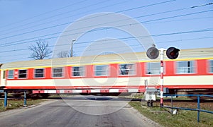 Red train crossing.