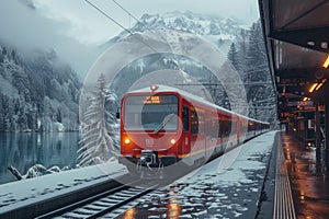 Red train locomotive arrives at interlaken station in switzerland s scenic landscape photo