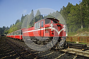 Red train on railway forest in Taiwan