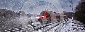 Red train speeding in the snow