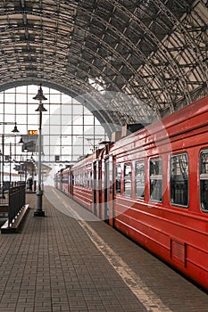 Red train on a station in Moscow