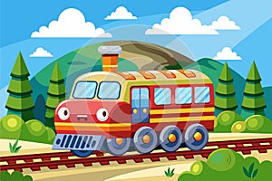 A red train travels down train tracks next to a forest, Train Customizable Cartoon Illustration photo