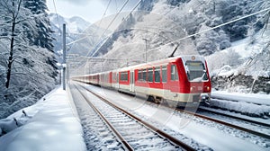 Red train travels in a valley covered by heavy snow in background on a sunny winter day