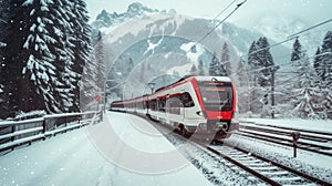 Red train travels in a valley covered by heavy snow in background on a sunny winter day