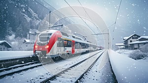 Red train travels in a valley covered by heavy snow in background on a sunny winter day