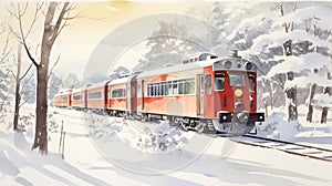 Red Train In Winter Landscape: A Commissioned Watercolorist\'s Energetic Take On Classic Japanese Simplicity In The Style Of Group