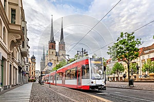 Red tram on Hallmarkt square in Halle Saale, Germany