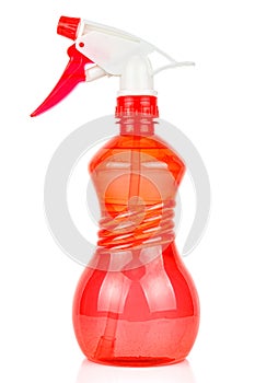 Red transparent plastic spray bottle isolated on white background