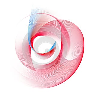 Red transparent wavy plane, with a blue stripe, ornately twisted into a rounded shape on a white background.