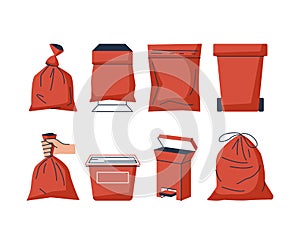 Red trash bags, bins and containers, vector icons