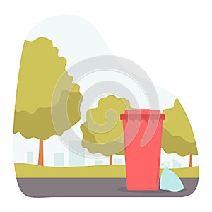 Red trash can in the park. Environmental protection concept. Vector illustration for banners, posters, postcard . Cartoon style