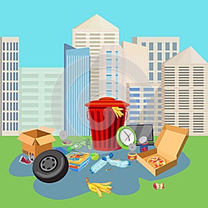 Red trash can with unsorted waste against the background of city buildings.