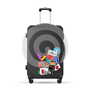 Red travel plastic suitcase with wheels and stickers realistic hand Luggage