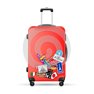 Red travel plastic suitcase with wheels and stickers realistic hand Luggage