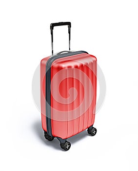 Red Travel suitcase on wheels, on white background.
