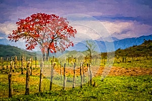 Red tree and autumn landscape impression