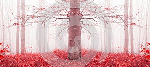 Red tree in a foggy forest