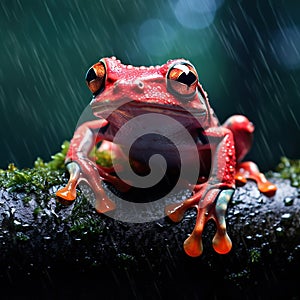 Red tree frog climbing