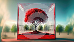 Red tree in a glass cube