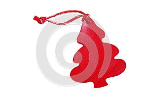 Red tree leather price tag with leather cord isolated on white b