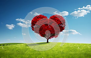 red tree of love heart shape in green field over blue sky