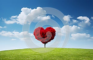 red tree of love heart shape in green field over blue sky