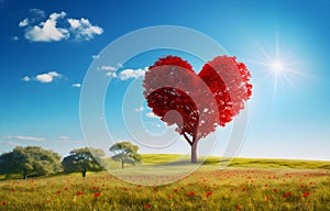 red tree of love heart shape in green field over blue sky