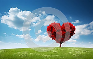 red tree of love heart shape in green field over blue sky