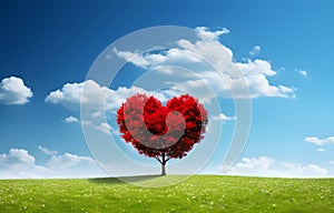 red tree of love heart shape in green field over blue sky