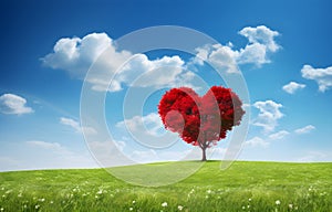 red tree of love heart shape in green field over blue sky