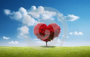 red tree of love heart shape in green field over blue sky