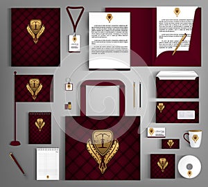 Red trendy corporate identity template design with gold Notary symbol.