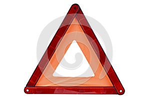 Red triangle sign isolated on white background. Emergency stop sign isolated over white with clipping path. Reflective road hazard