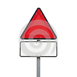 Red triangle warning sign with blank white information board