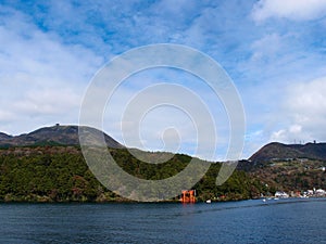 Red trii gate of Hakone Shrine from Lake Ashi Ashinoko