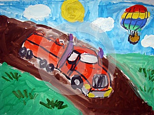 Red truch on the road - painted by child