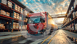 Red truck on asphalt road in warehouse with sky and cloud above