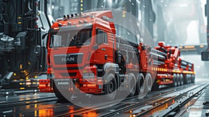 Red truck with automotive tires drives on wet asphalt in futuristic city