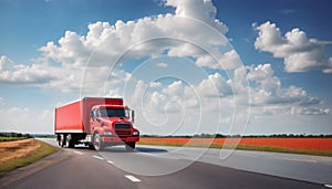 Red truck on blurry asphalt road over blue cloudy sky