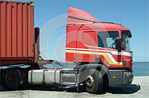 Red truck with container